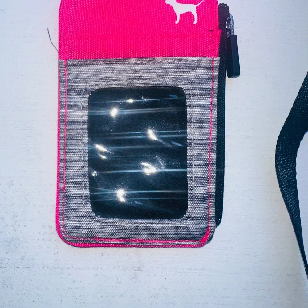 Pink Victoria's Secret Lanyard ID Case Wallet Neon Pink Gray Zipper Card Holder